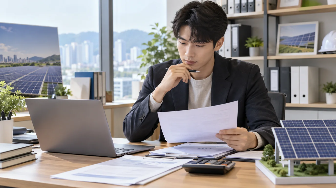 태양광 발전사업자가 사무실에서 사업자등록 서류와 발전소 자료를 검토하는 모습