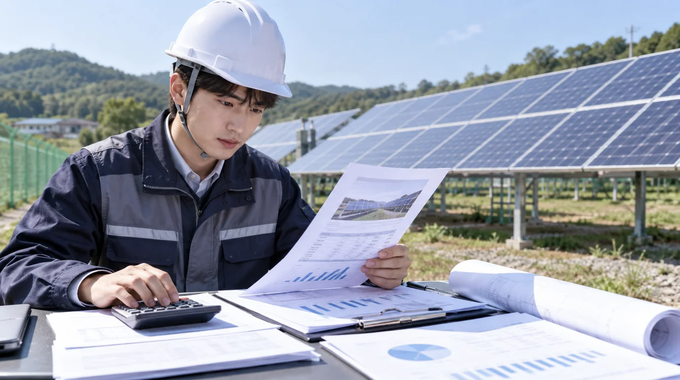 100kW 태양광 발전소에서 보험료와 설비 자료를 검토하는 모습