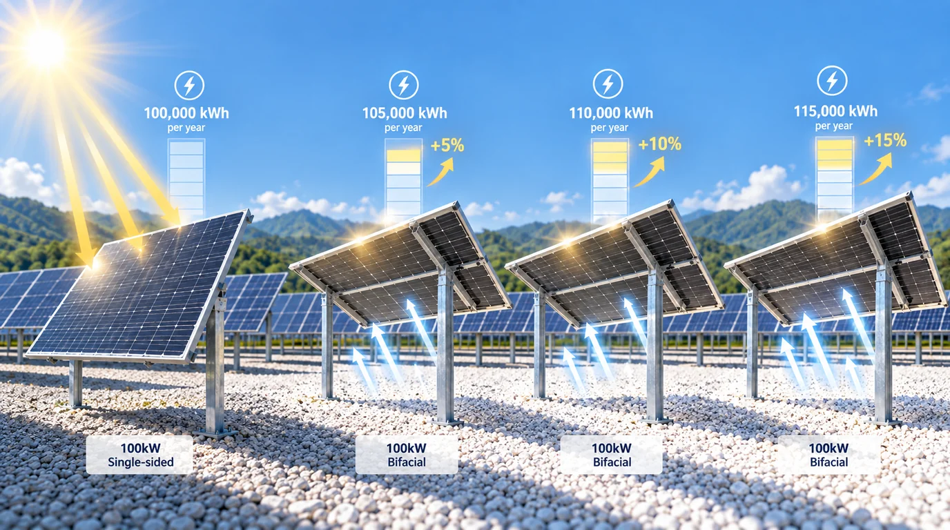 100kW 단면 태양광과 양면 태양광의 발전량 증가 시나리오 비교