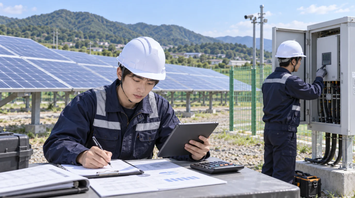 100kW 태양광 발전소 유지관리 비용과 점검 계획을 검토하는 작업자