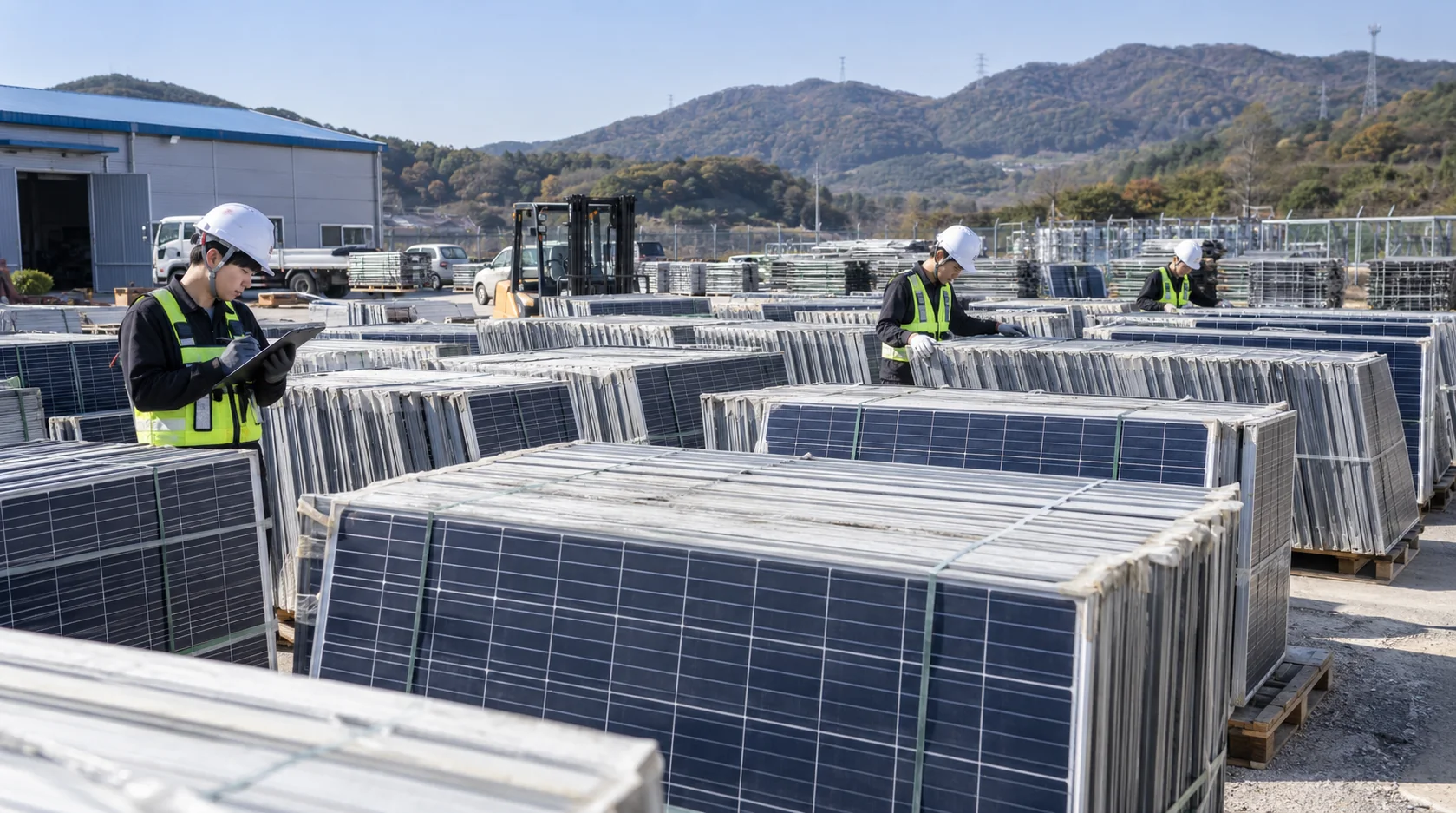 100kW 태양광 발전소 철거 후 발생한 폐태양광 패널 수량과 중량 확인 모습