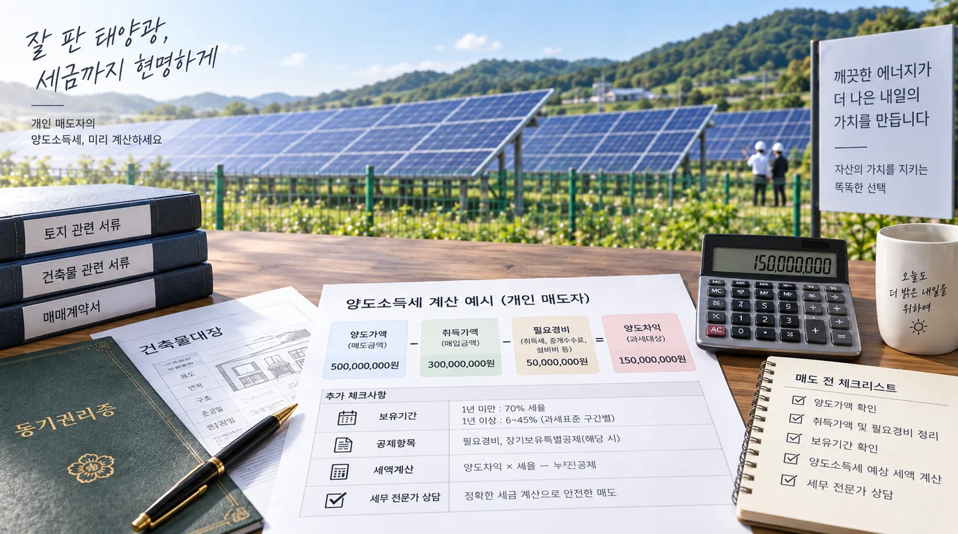 개인사업자가 태양광 발전소 토지와 건물을 매도할 때 양도소득세를 계산하는 모습