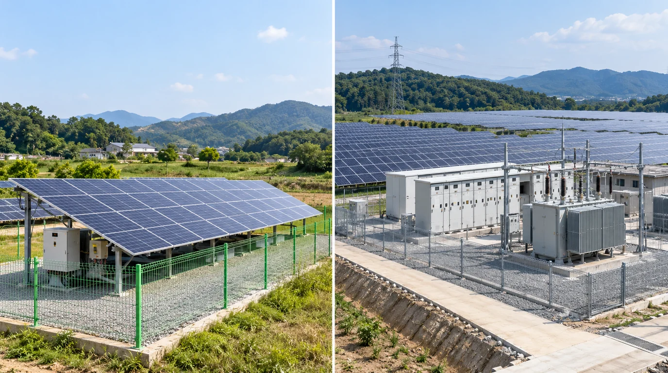 100kW 저압 태양광 발전소와 500kW 특고압 태양광 발전소 설비 비교