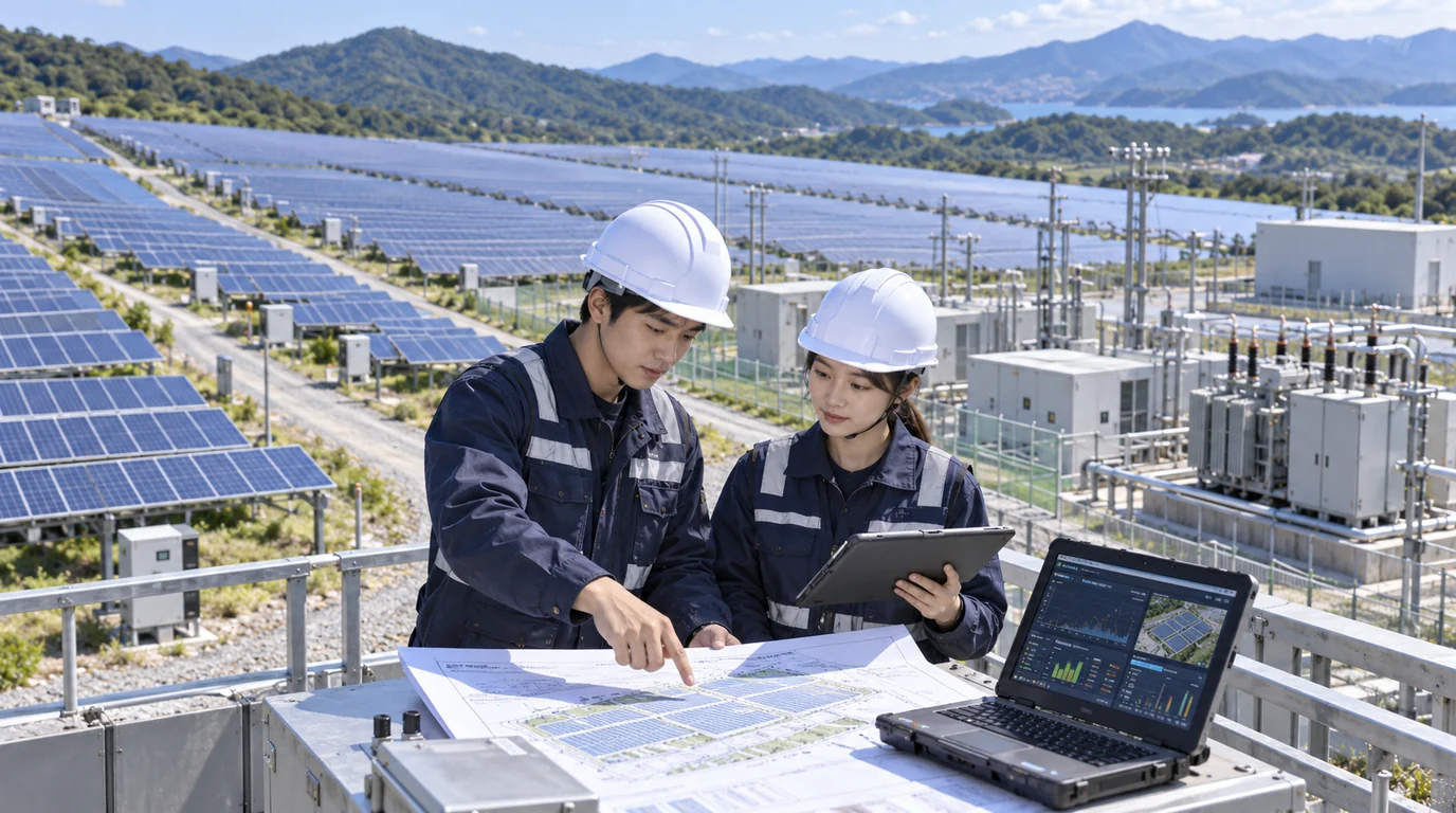 500kW 태양광 발전소에서 도면과 모니터링 자료로 O&M 계획을 확인하는 작업자