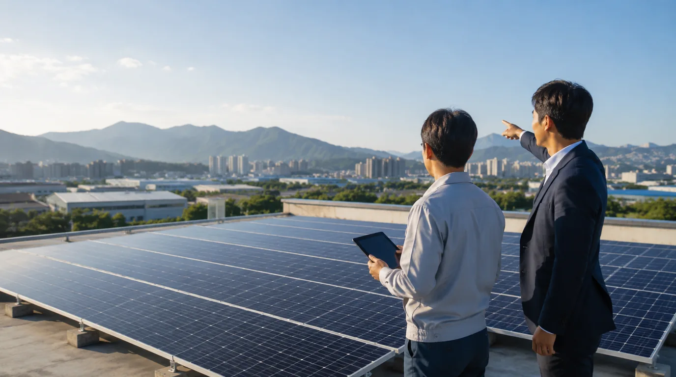 100kW 태양광 발전소에서 REC 가격과 예상 수익을 검토하는 관계자