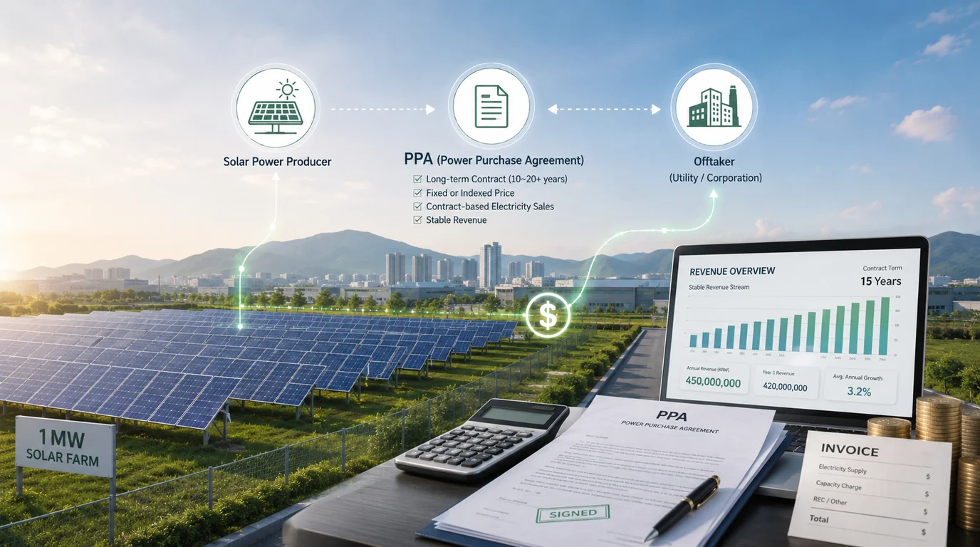 1MW 태양광 발전소의 PPA 계약과 발전사업자 장기 수익구조를 보여주는 이미지