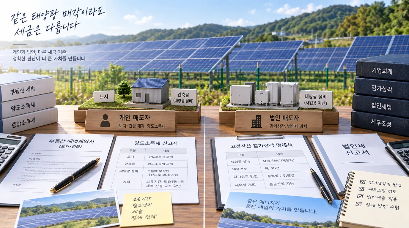 태양광 발전소 매매에서 개인사업자와 법인의 세금 처리 차이를 비교한 모습