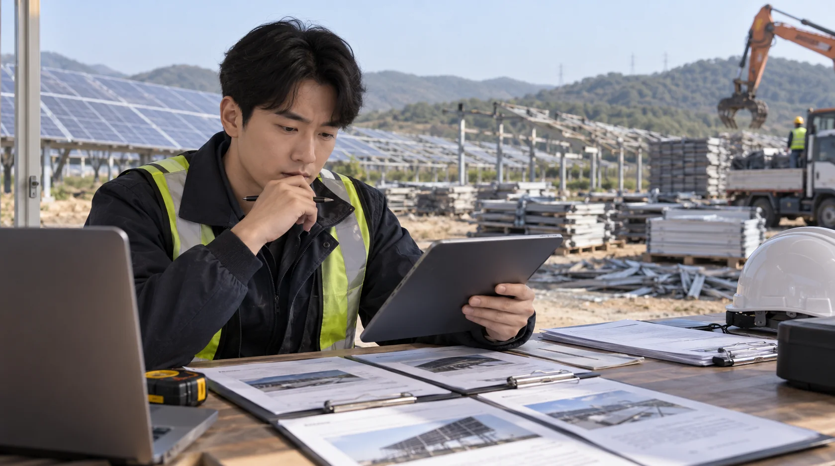 100kW 태양광 발전소 철거 견적을 위해 현장 조건과 작업 범위를 확인하는 모습