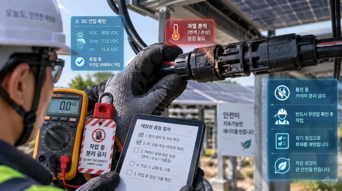 태양광 MC4 커넥터 과열 흔적과 무전압 안전점검