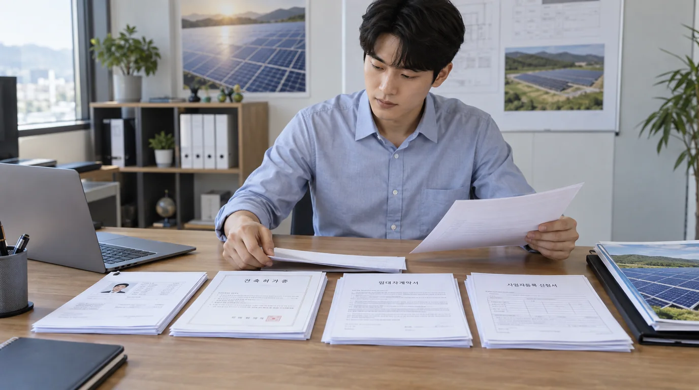 태양광 사업자등록에 필요한 발전사업허가증과 임대차계약서 등 서류를 준비하는 모습