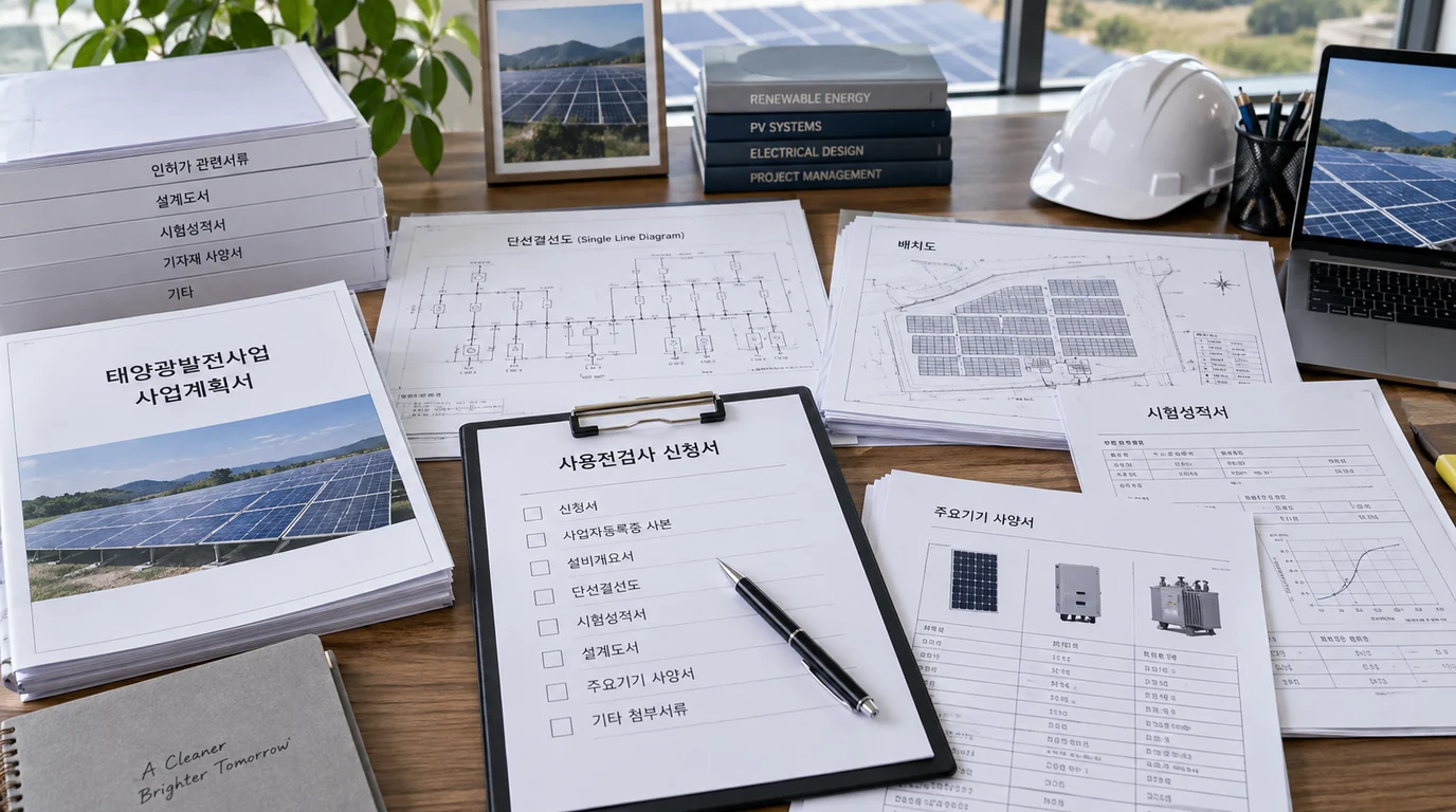 태양광 발전소 사용전검사 신청서와 단선결선도 및 시험성적서 준비 모습