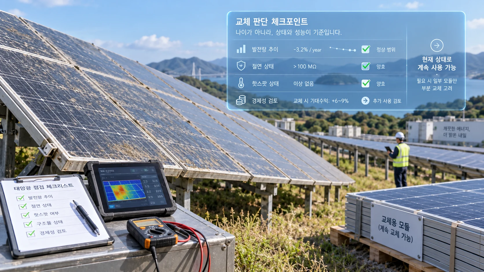 태양광 패널 교체시기를 판단하기 위해 발전량, 절연상태, 경제성을 점검하는 이미지