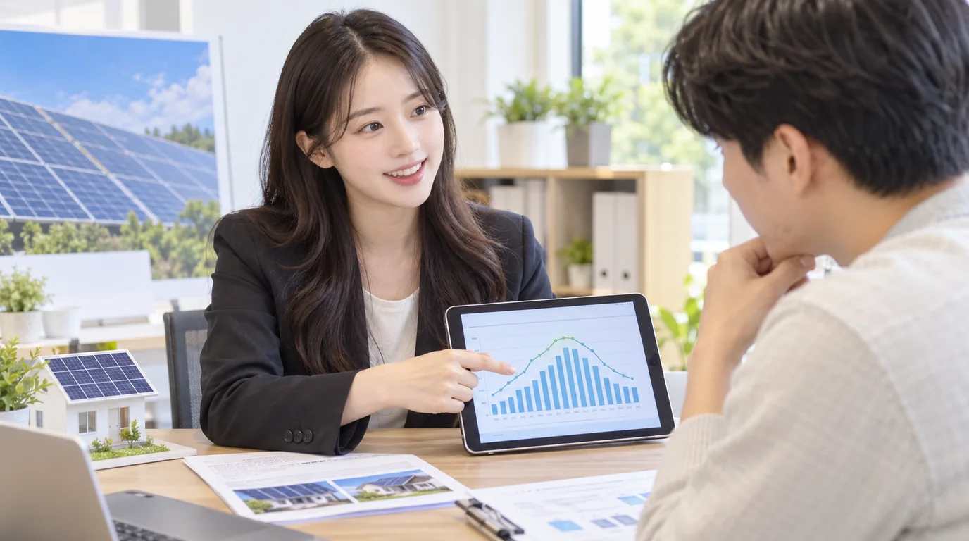 100kW 태양광 발전량 그래프를 설명하며 상담하는 전문가