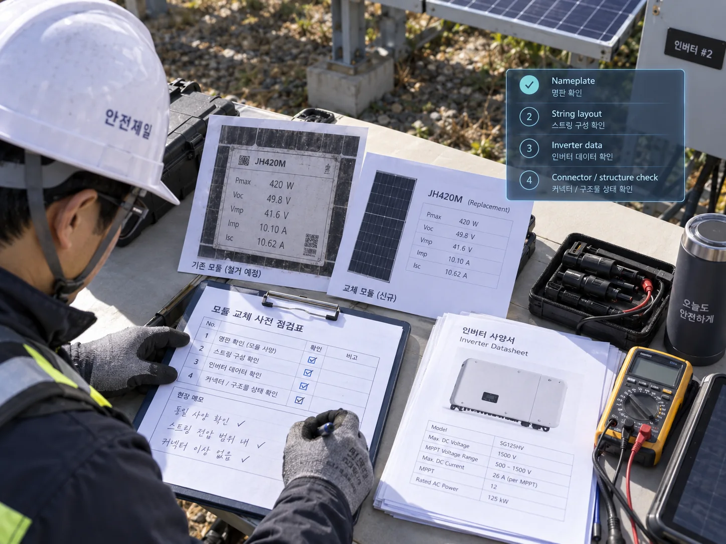태양광 모듈 교체 전 명판 스트링 인버터 커넥터를 확인하는 사전 점검