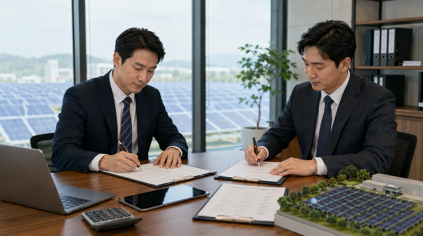 태양광 발전소 매매 계약과 명의변경 잔금 조건을 확인하고 서명하는 모습