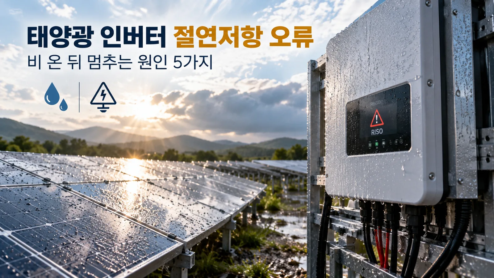 태양광 인버터 절연저항 오류(RISO)를 나타내는 우천 후 태양광 발전소와 인버터 AI 연출 대표 이미지