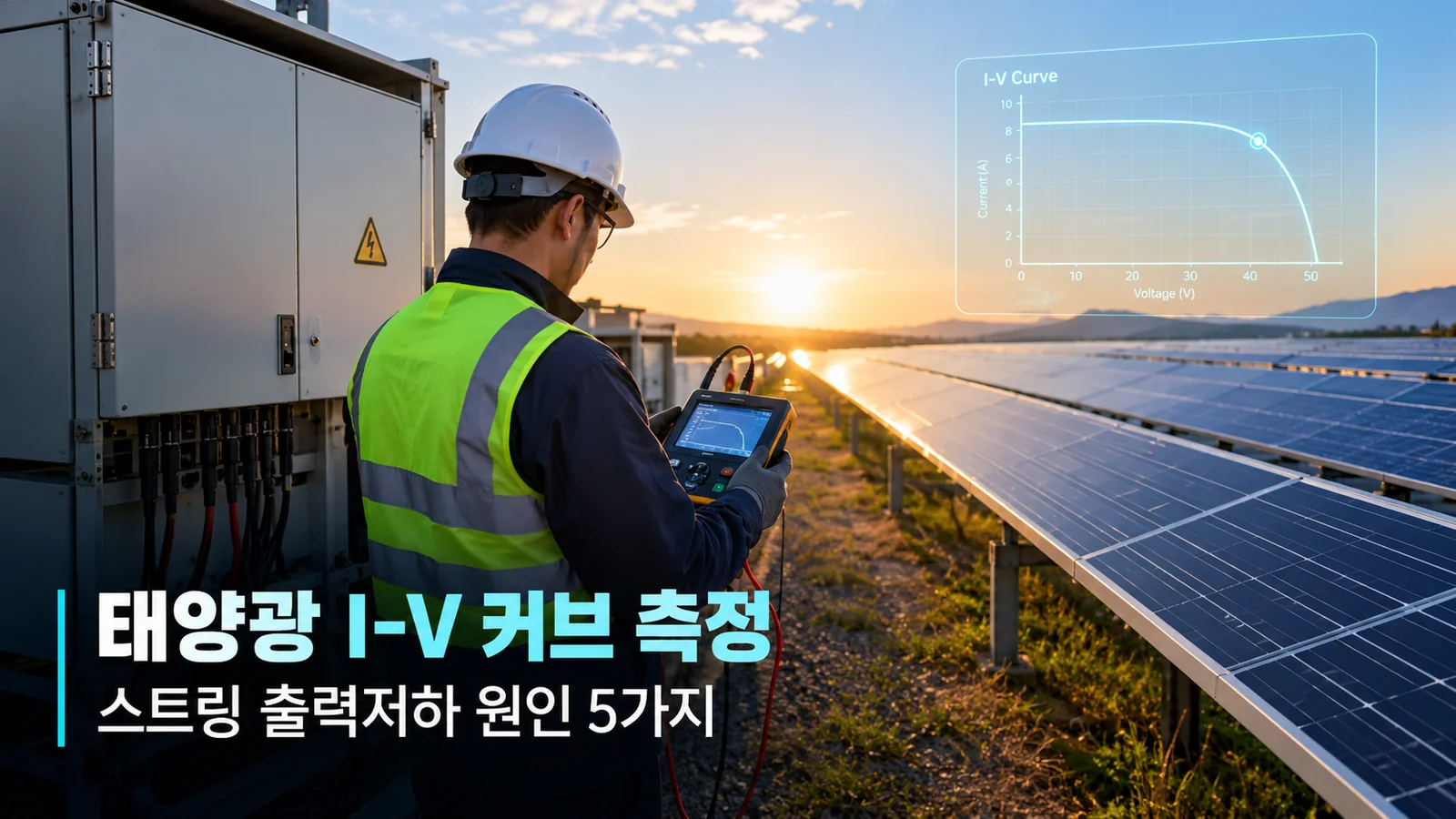 태양광 발전소에서 기술자가 I-V 커브 측정기로 스트링 전압·전류 특성을 확인하는 AI 연출 대표 이미지