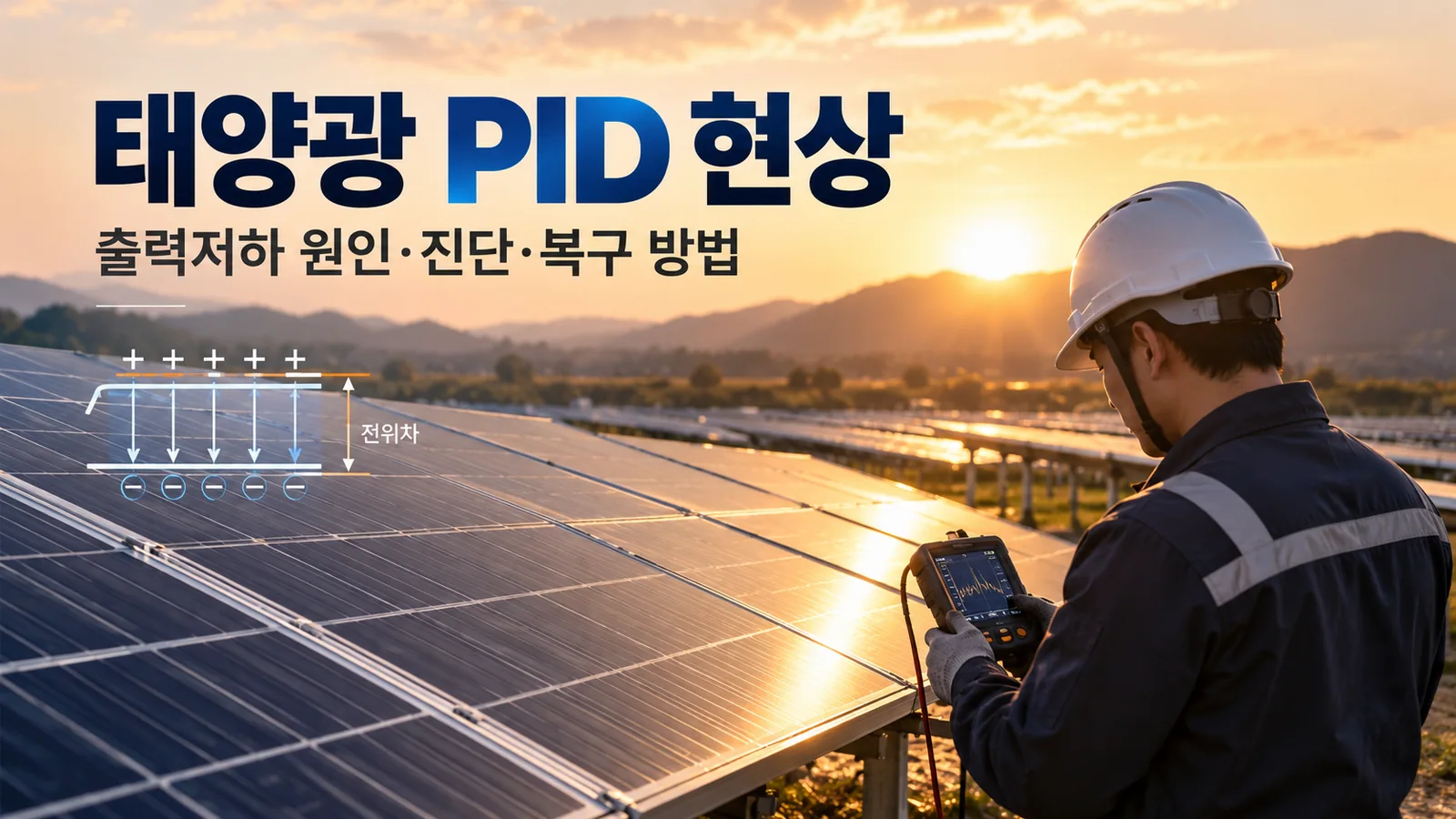 태양광 PID 현상과 출력저하 진단·복구 방법을 소개하며 태양광 발전소에서 계측기를 확인하는 기술자를 표현한 AI 연출 대표 이미지