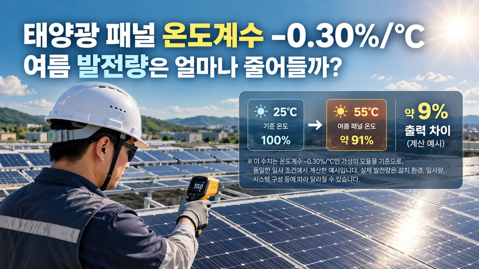 태양광 패널 온도계수 마이너스 0.30퍼센트와 여름철 셀 온도 25도·55도 출력 비교
