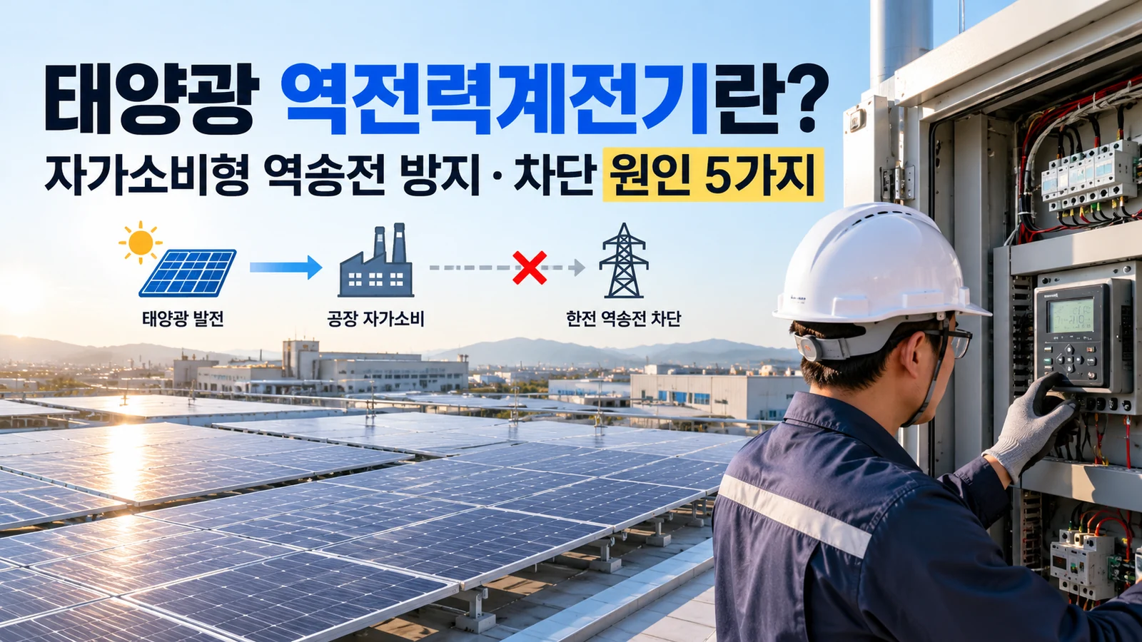 공장 지붕 태양광 설비와 역전력계전기를 점검하는 작업자, 역송전 방지 원리를 설명하는 AI 연출 대표 이미지
