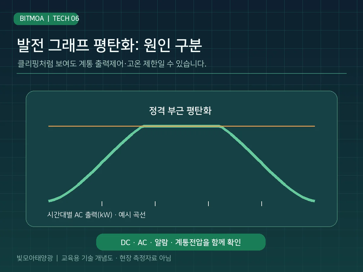 태양광 발전 그래프의 정격 출력 부근 평탄화 현상과 클리핑 점검을 나타낸 그래프
