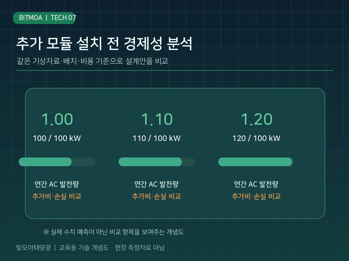 DC AC 용량비 1.00 1.10 1.20 설계안의 연간 발전량과 추가비용을 비교하는 경제성 검토 그림