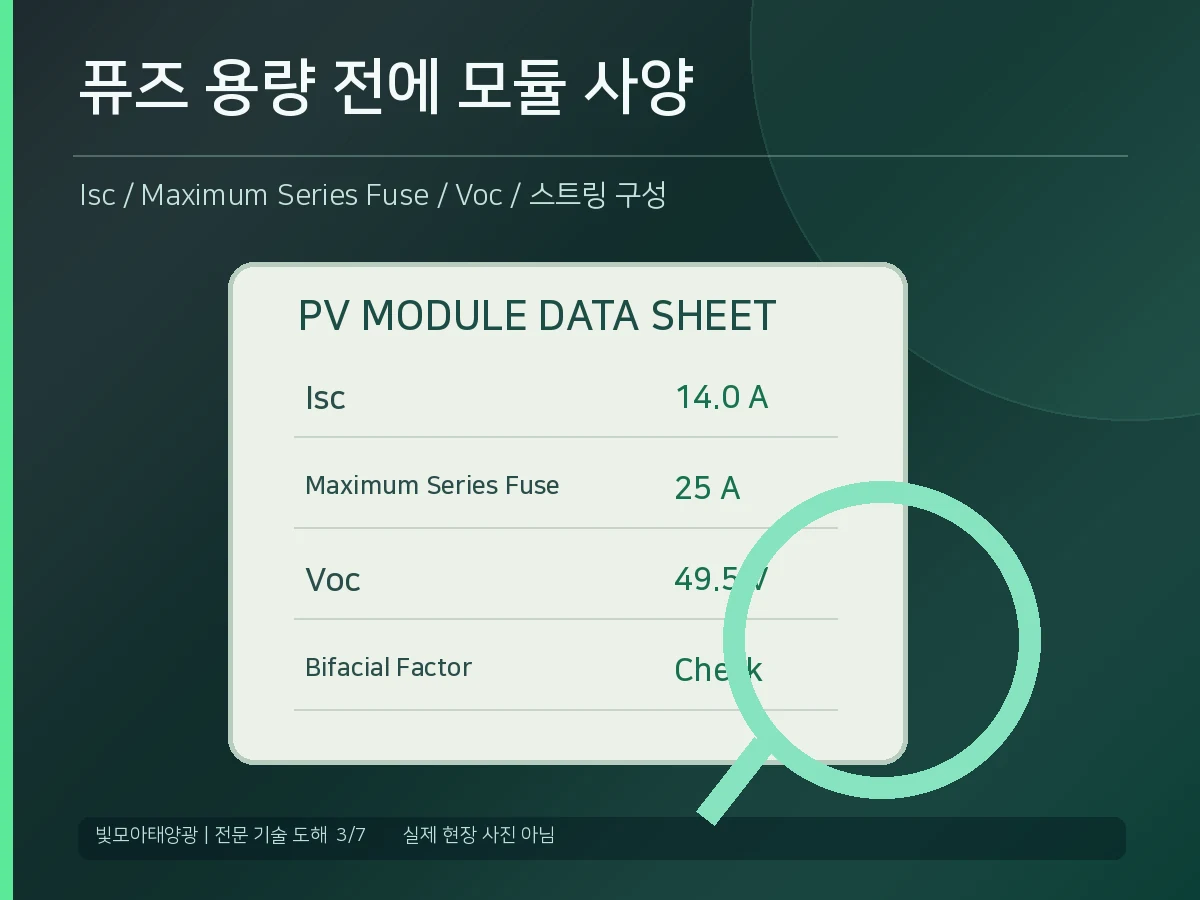태양광 모듈 데이터시트에서 단락전류 Isc와 최대 직렬 퓨즈 정격을 확인하는 기술 도해