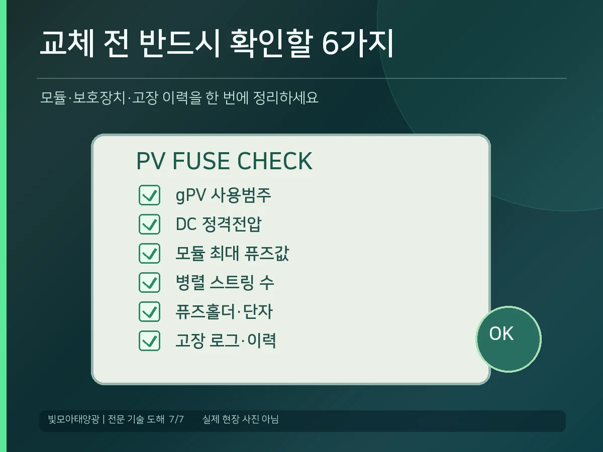 태양광 퓨즈 교체 전에 모듈 정격과 DC 전압 및 병렬 스트링 수를 점검하는 체크리스트 도해