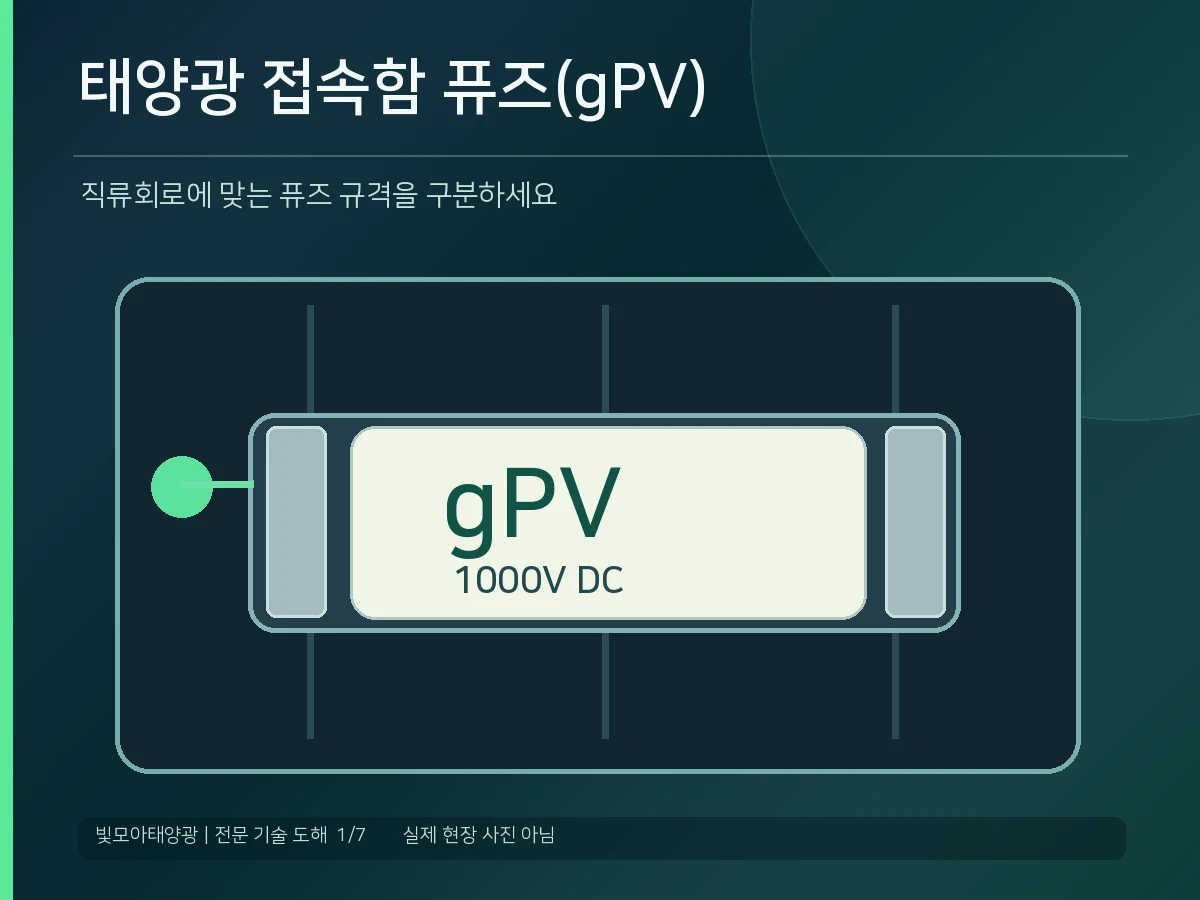 태양광 접속함 gPV 전용 퓨즈가 스트링 회로를 보호하는 원리를 설명하는 기술 도해