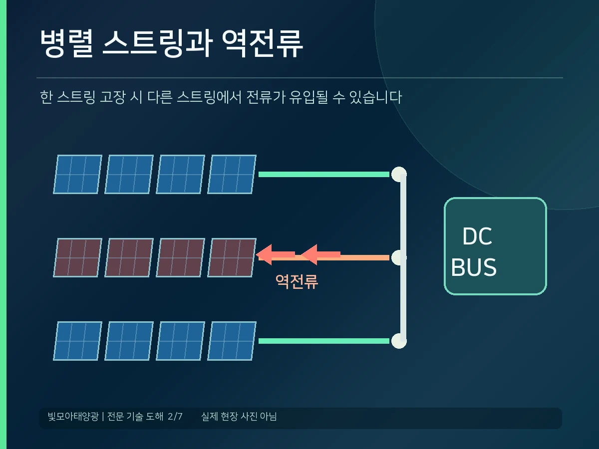 세 개 태양광 스트링 병렬 연결에서 고장 스트링으로 역전류가 유입되는 개념도