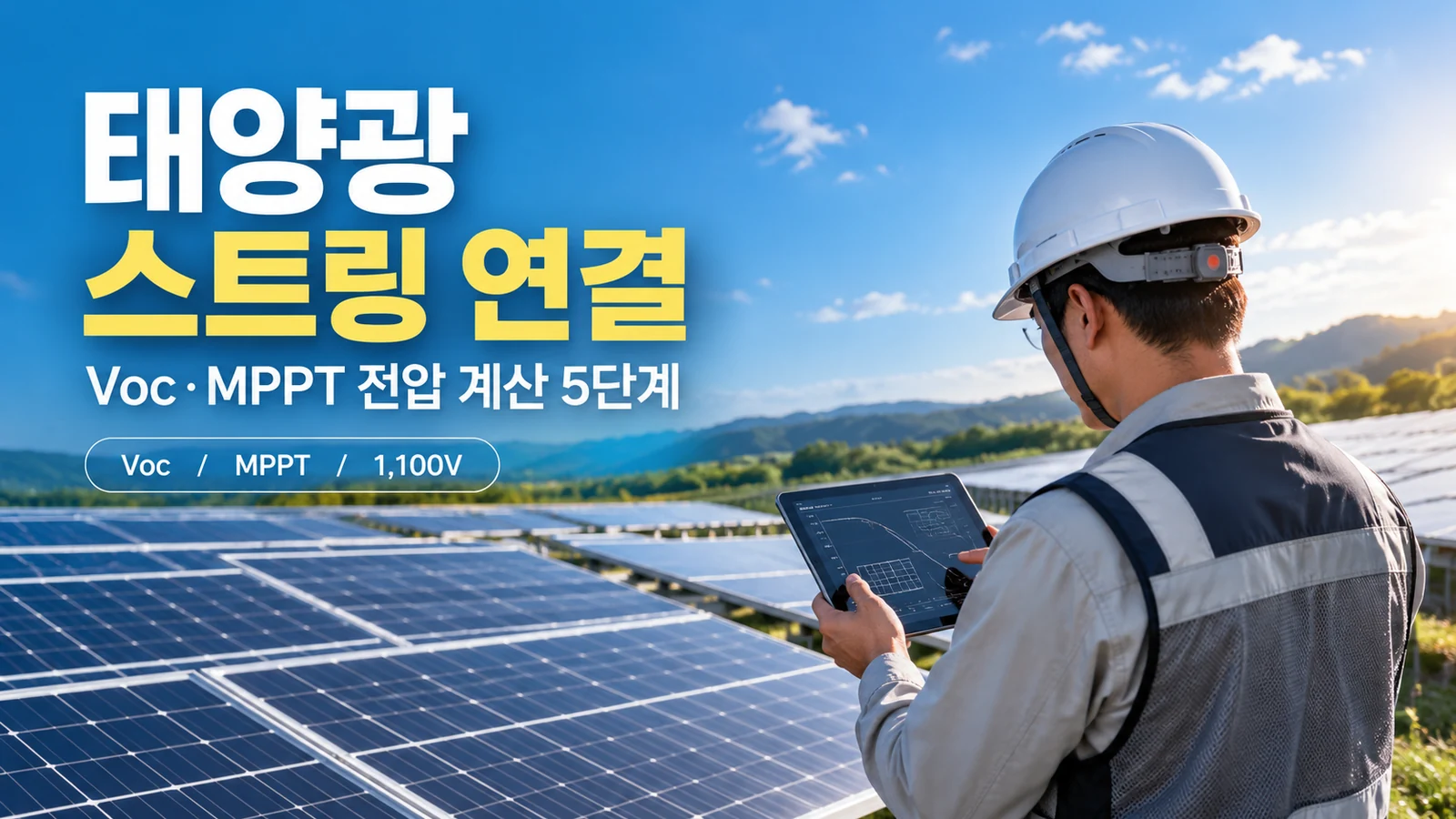 태양광 발전소에서 기술자가 태블릿으로 스트링 직렬 연결과 Voc·MPPT 전압 계산을 확인하는 대표 이미지