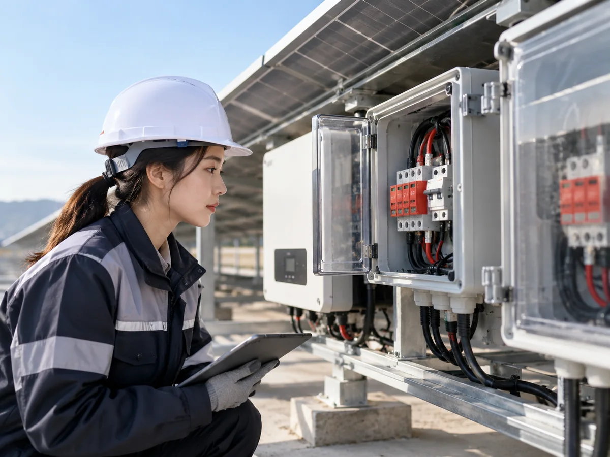 태양광 인버터와 DC·AC 전기함의 서지보호기 설치 위치를 확인하는 기술자 AI 연출 이미지
