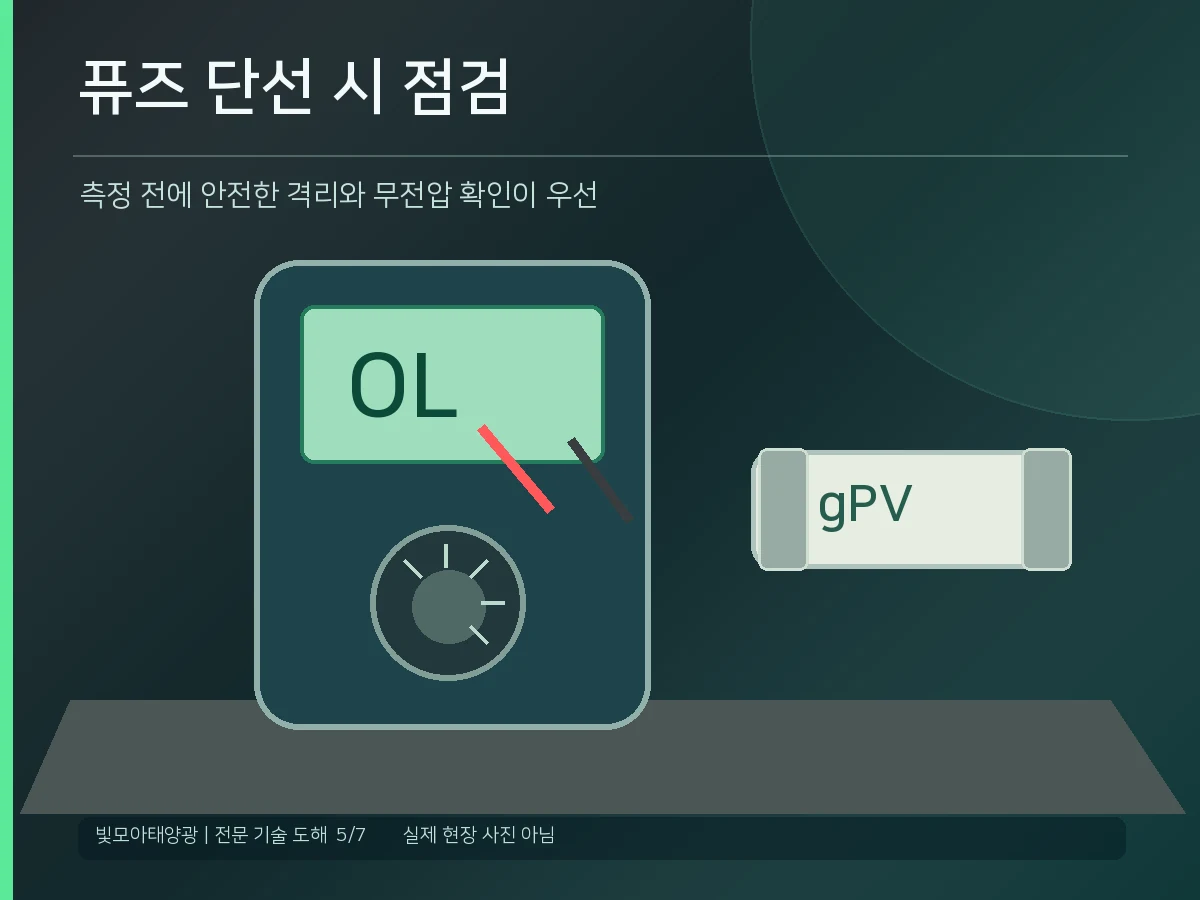 태양광 접속함 퓨즈 단선과 스트링 전류 이상을 확인하는 6가지 점검 개념도