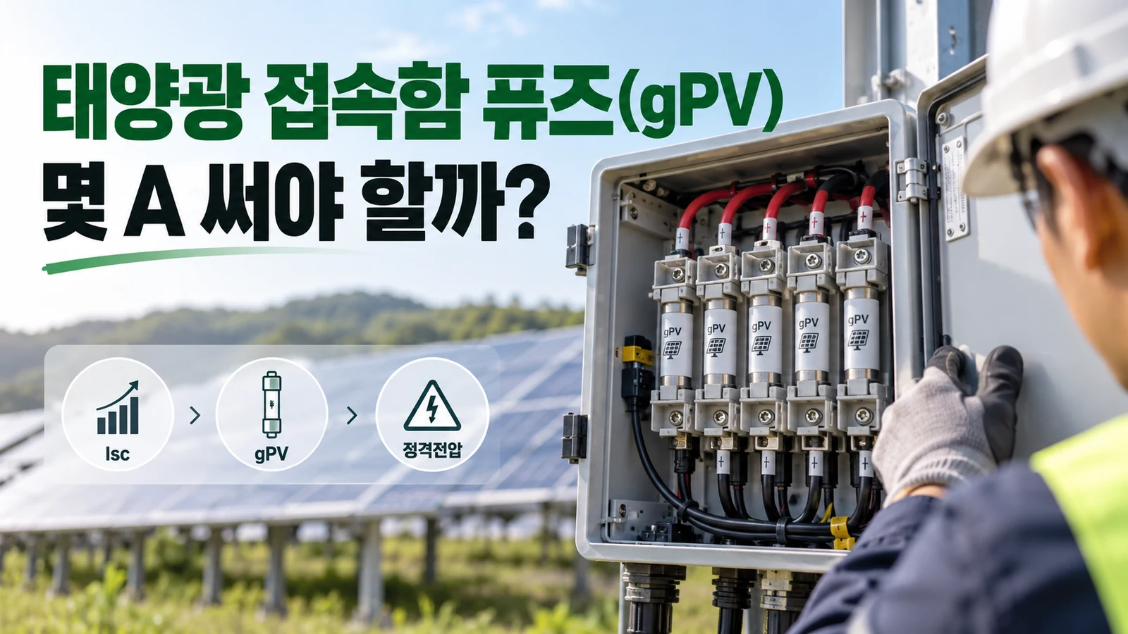 태양광 접속함 내부 gPV 직류 퓨즈와 태양광 모듈을 보여주는 주제별 AI 연출 이미지