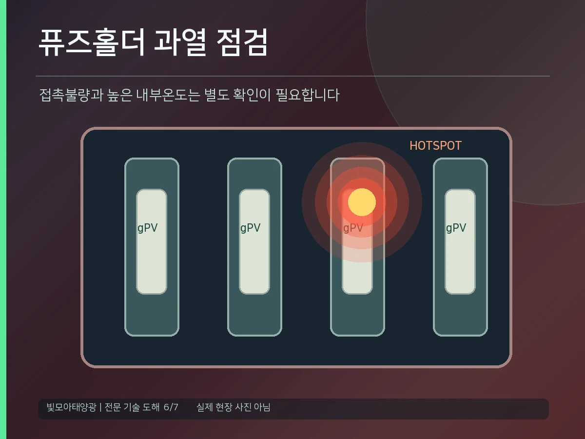 태양광 접속함 퓨즈홀더의 접촉저항 상승과 단자 국부 과열 위험을 보여주는 기술 도해